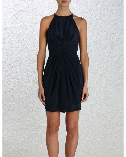 ZIMMERMANN Silk Ray Short Dress Size 2 AU12 Navy Tuck detail Halter neck