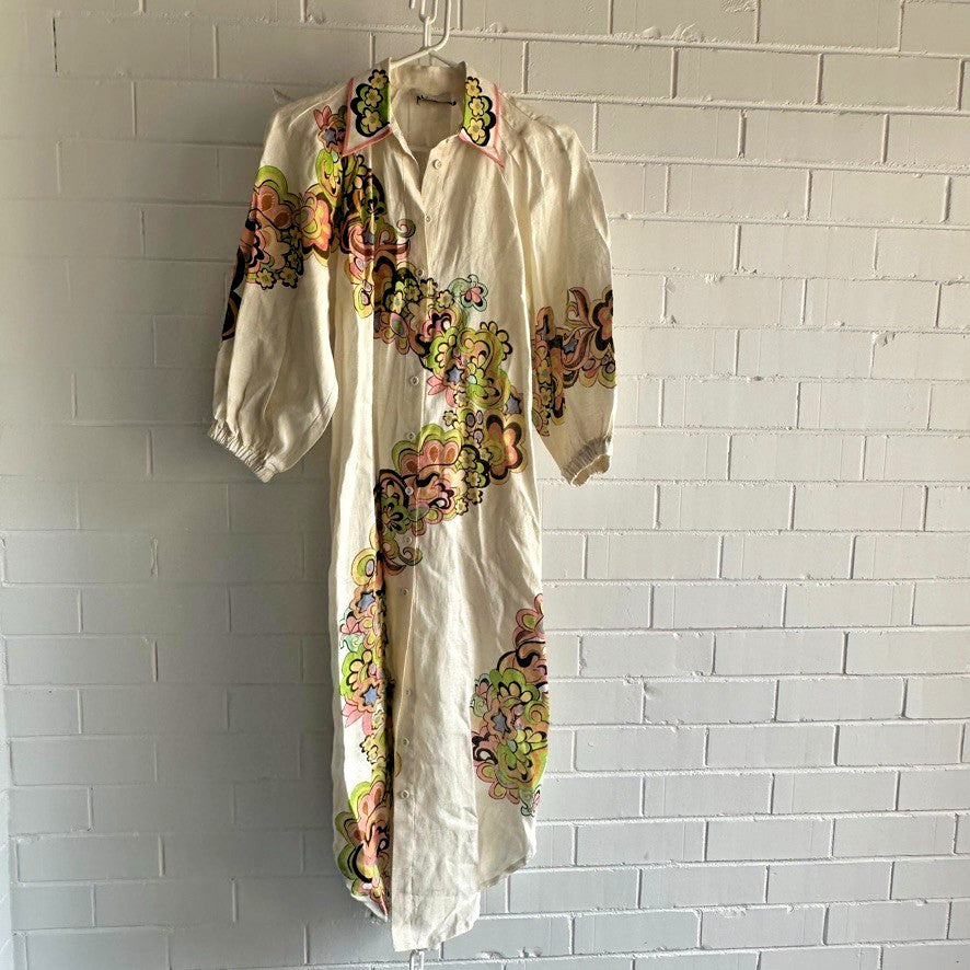 ALEMAIS Starscape Shirtdress AU 6 US 2 Cream Multi Linen