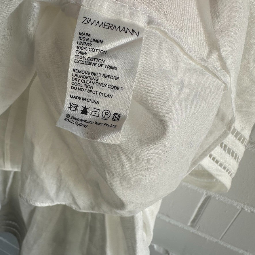 ZIMMERMANN Jude Belted Midi Skirt Sz 2 Ivory Linen Raffia belt