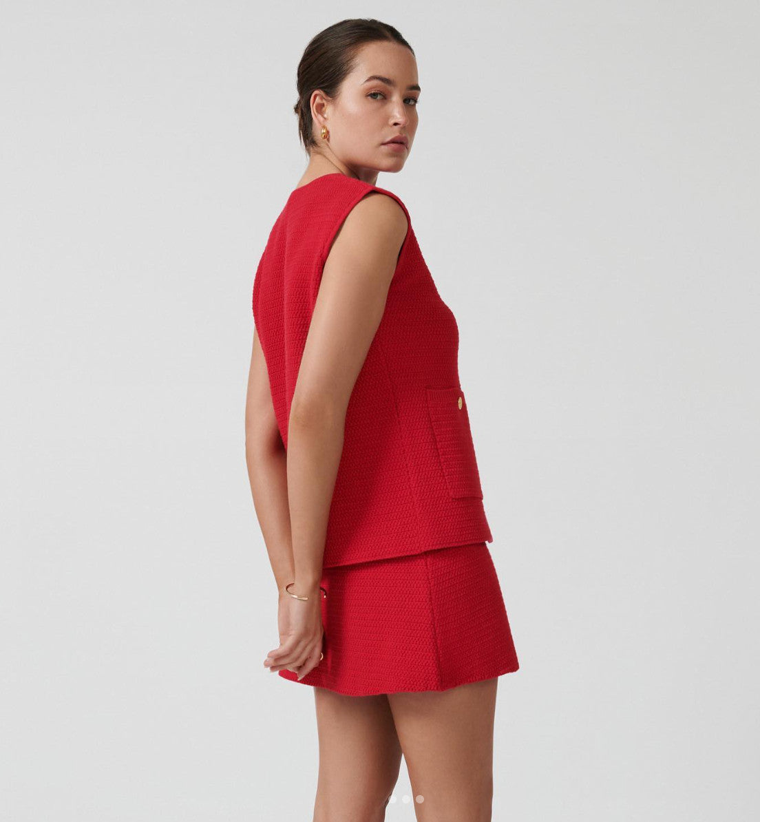 ONTE Helena Gilet & Mini Skirt knit SET Size S Red AU8 US4 Cotton Gold hardware