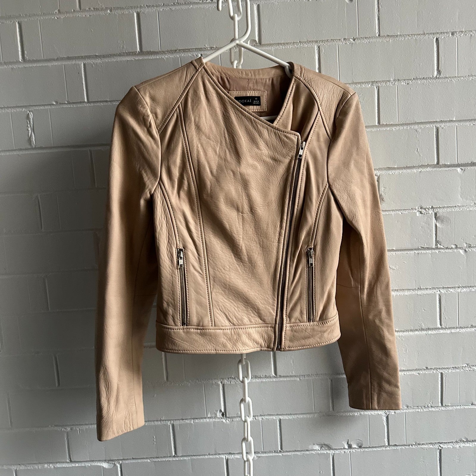 KOOKAI Rush Eggshell Pink Genuine Leather Size S Pretty Biker Zip Long Sleeve