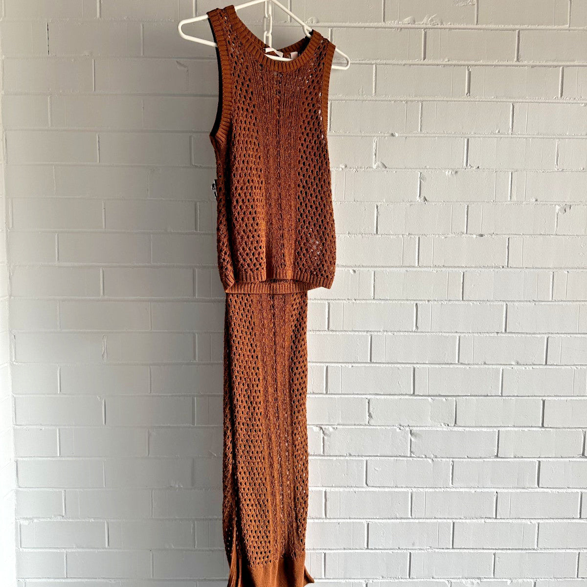 SASS & BIDE "Dig it" Crochet Knit Top & Midi Skirt SET- Tabacco XXS BNWT