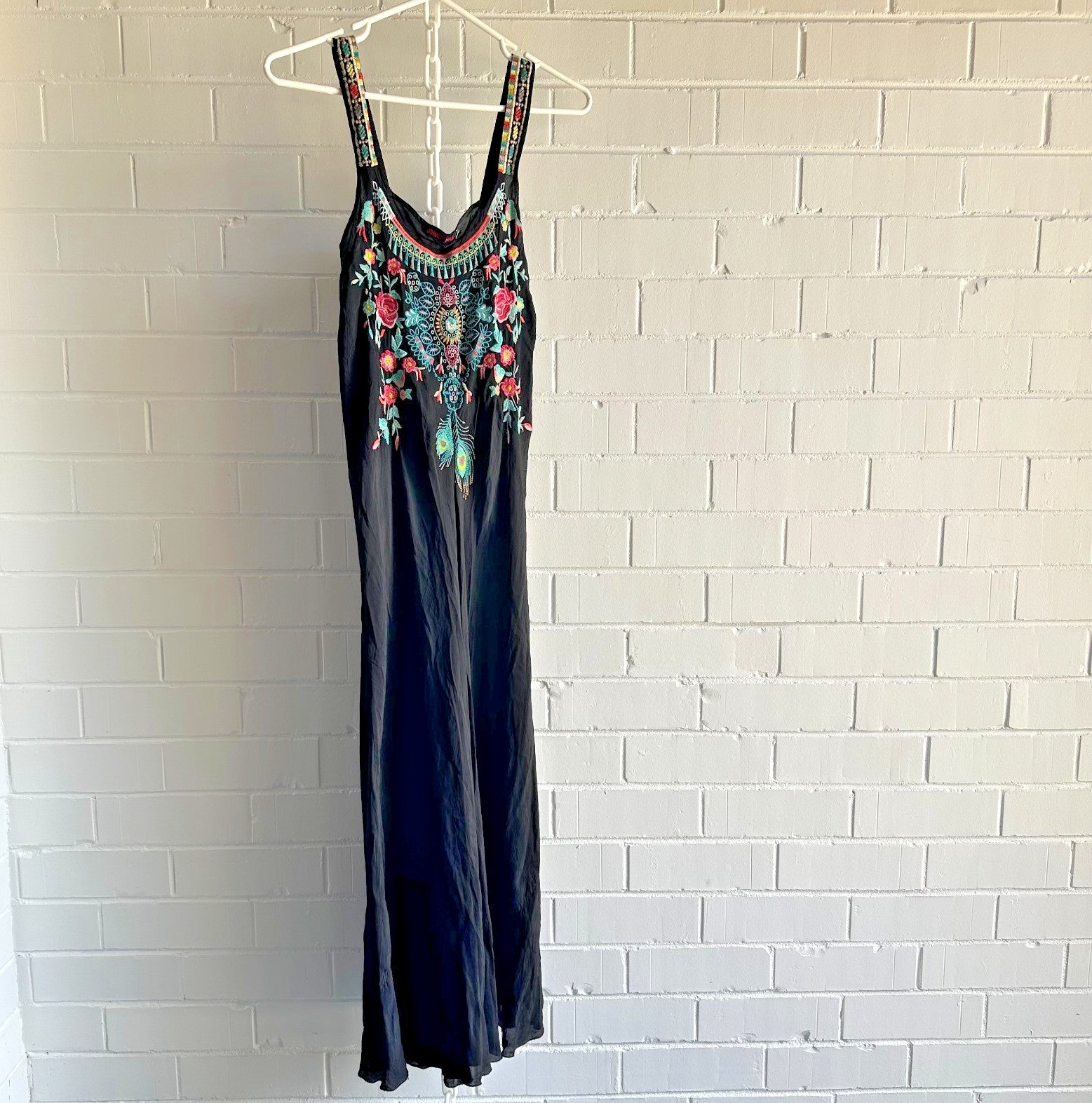 Johnny Was Black Embroidered Boho Midi Dress - Size S - Floral Peacock