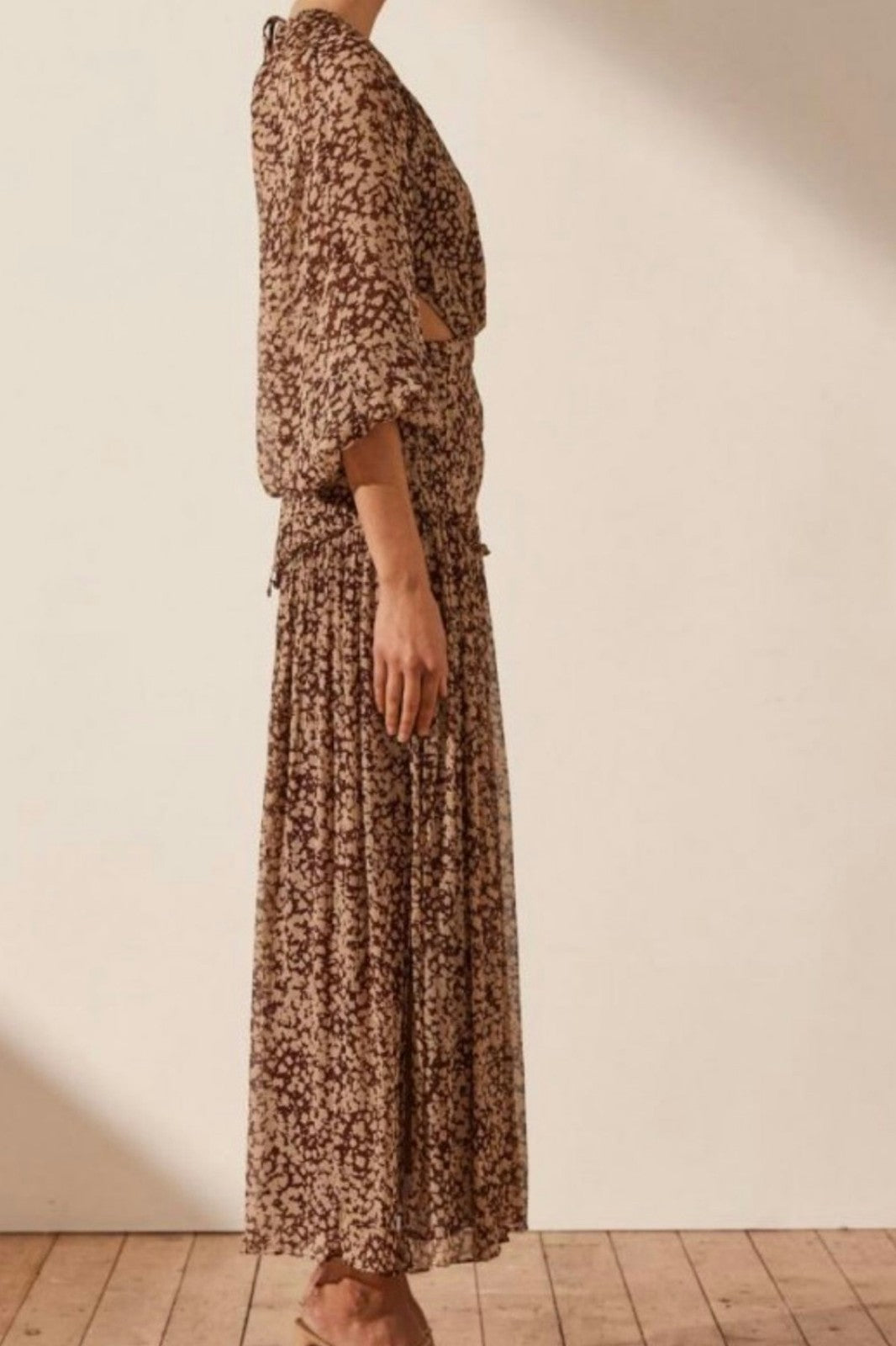 SHONA JOY Valeria cut out Maxi dress AU12 US8 Chocolate Ditzy Boho BNWT
