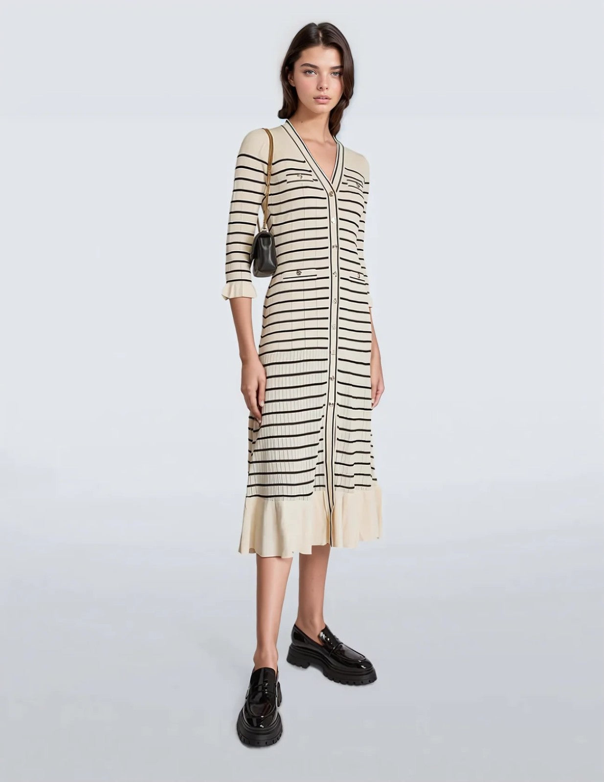 SOLATAIRE Sailor Stripe Knit midi Dress Size M  3/4 Sleeve Pointelle Beige Black
