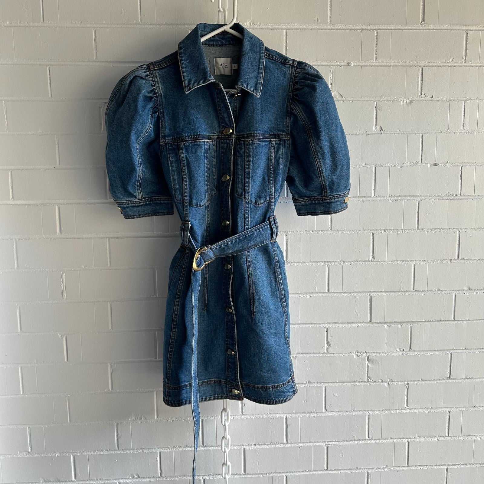 AJE Adriana Puff Sleeve Denim Mini Shirt Dress AU8 US4 90's Blue