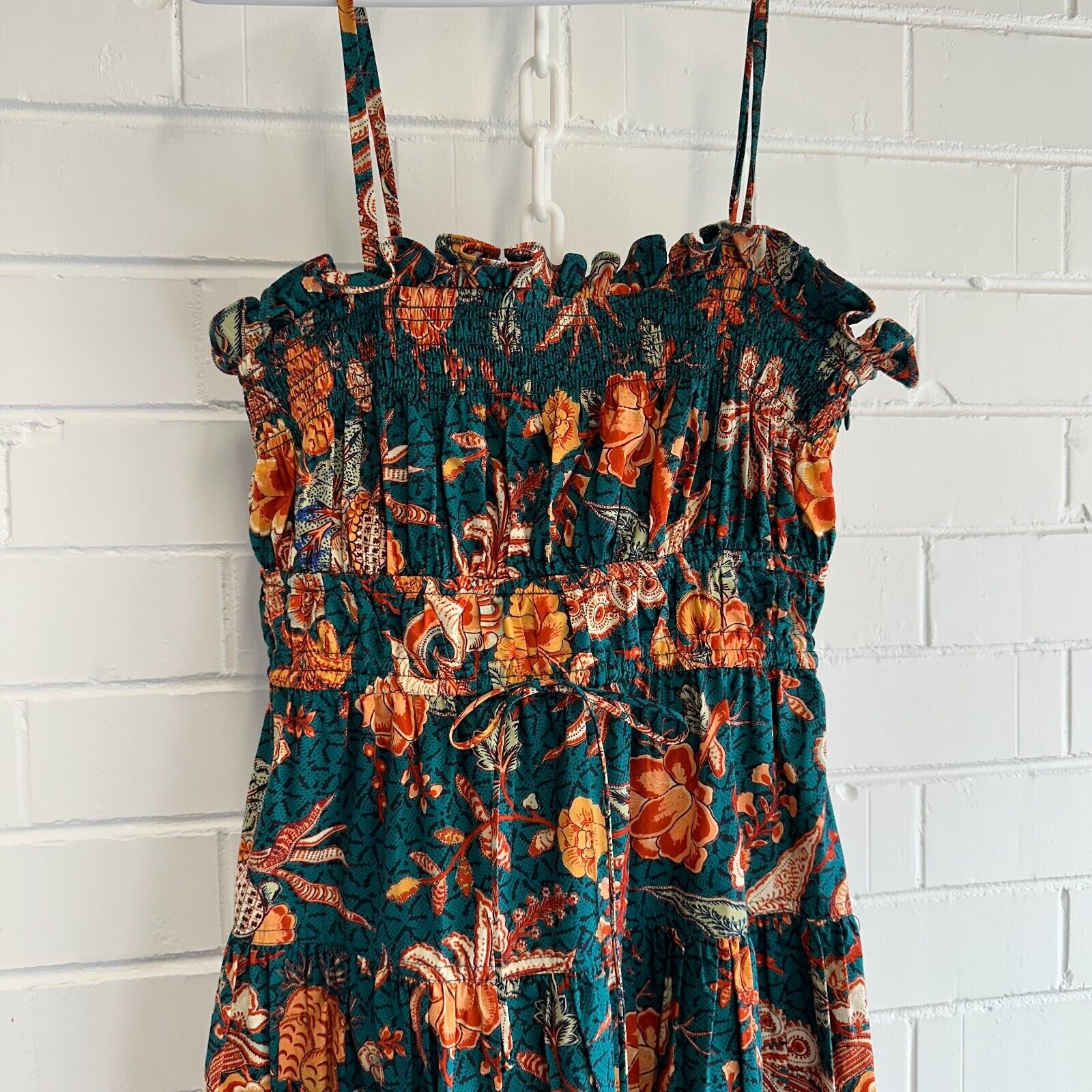 ULLA JOHNSON Smocked Floral Teal Delphinium Lisbet MIDI Dress Size AU6 US2