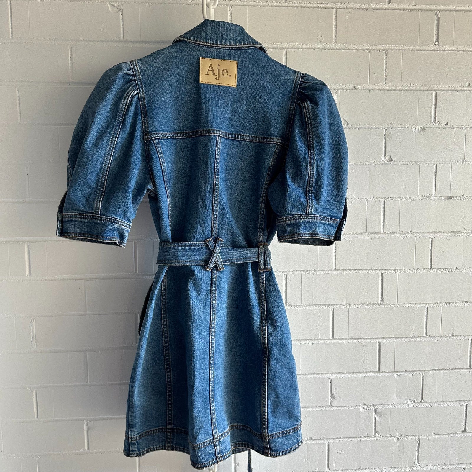 AJE Adriana Puff Sleeve Denim Mini Shirt Dress AU8 90's Blue