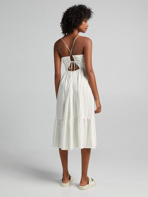 BERSHKA Stripe sundress Size S AU8 US4 Viscose Linen strappy cut out flirty