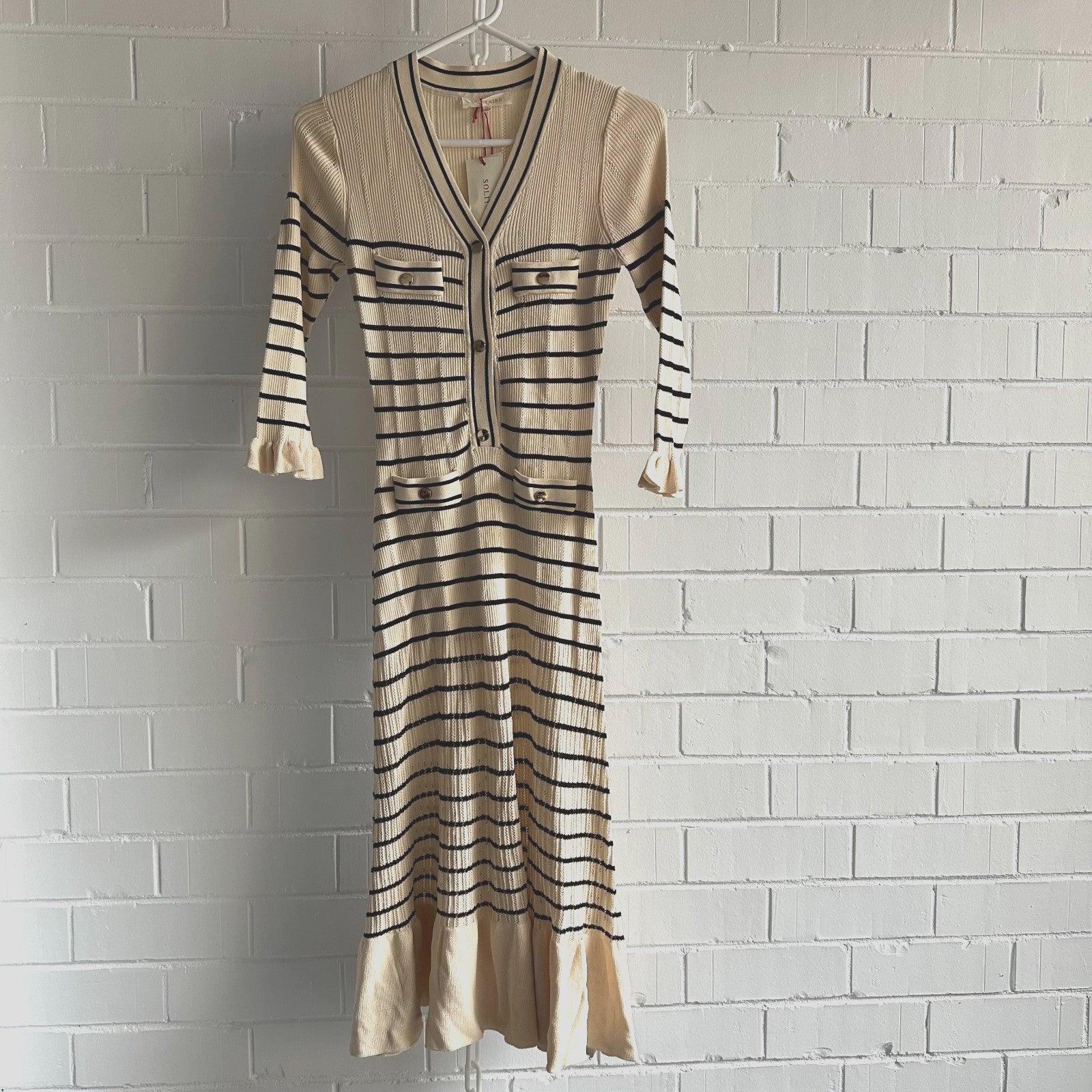 SOLATAIRE Sailor Stripe Knit midi Dress Size M  3/4 Sleeve Pointelle Beige Black