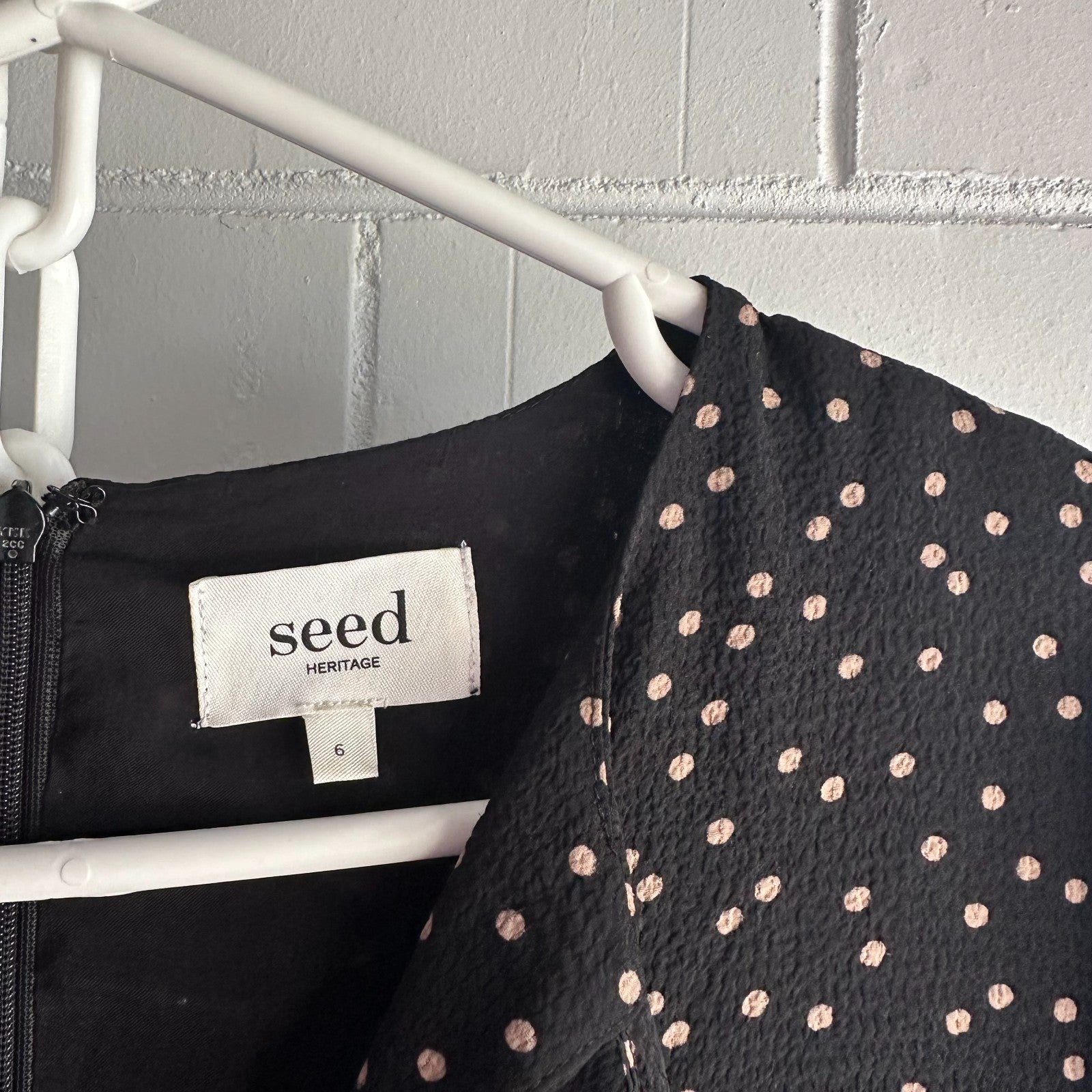 SEED HERITAGE Long Sleeve Spot Midi Dress AU 6 Black with Latte polka dot