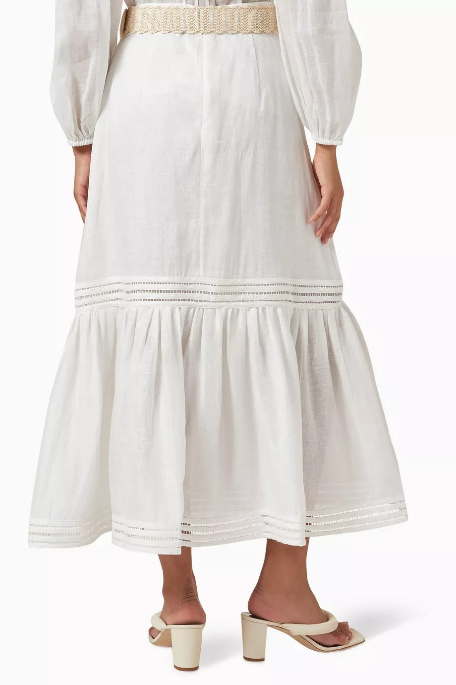 ZIMMERMANN Jude Belted Midi Skirt Sz 2 Ivory Linen Raffia belt