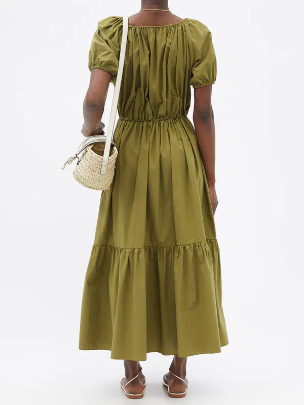 MATTEAU Drawcord Maxi Dress Size AU 10 US 6 Khaki Green Organic Cotton